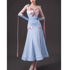 Blue with pink bowknot ballroom dance dresses for women girls waltz tango foxtrot rhythm smooth dance long skirts for female